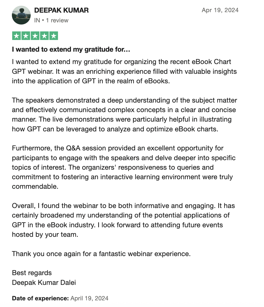 Trustpilot review from Deepak Kumar